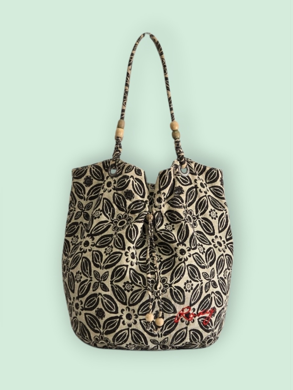 Roxy Black & Cream Floral Tote Bag with Wooden Bead Details-EUC